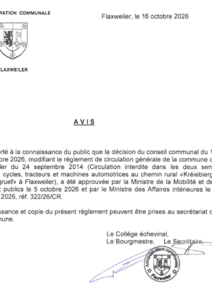 Avis – Modification du règlement de circulation générale - circulation interdite dans les deux sens au chemin rural "Kréiebierg" et "Lagruef" à Flaxweiler– Réf. 322/26/CR