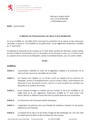 Autorisation – Ministère de l’Environnement, du Climat et de la Biodiversité – M. Joseph Lethal– Réf.: 2026-001824