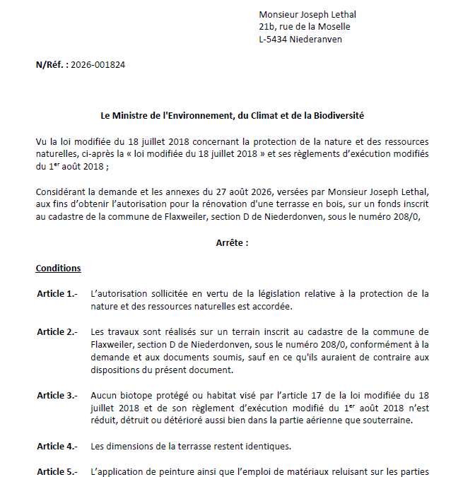 Autorisation – Ministère de l’Environnement, du Climat et de la Biodiversité – M. Joseph Lethal– Réf.: 2026-001824