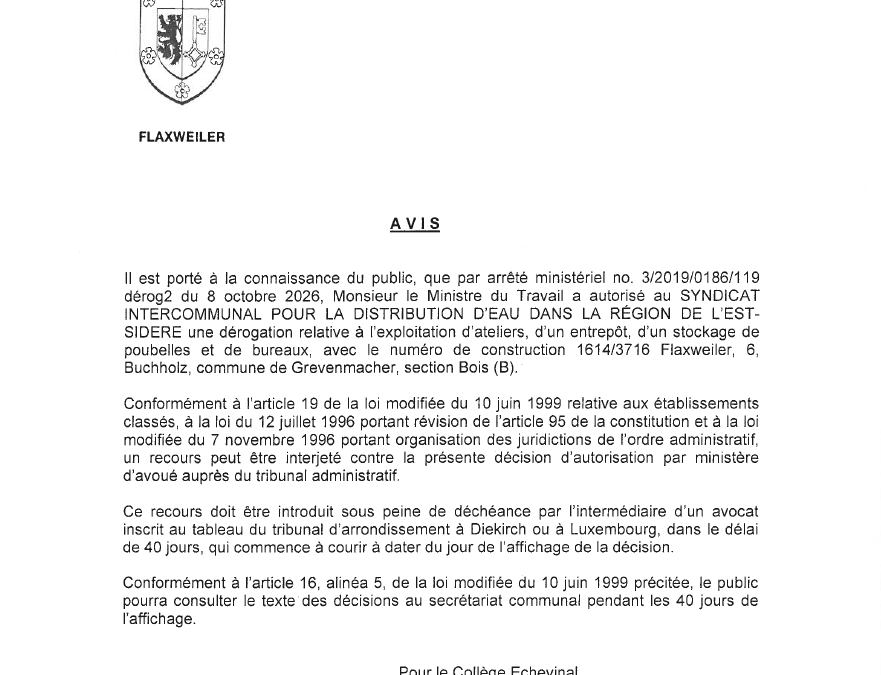 Autorisation – Ministère du Travail – SIDERE – Réf.: 3/2019/0186/119dérog2