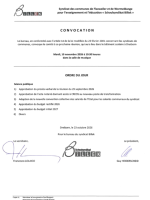 Réunion du comité du BILLEK– 10.11.2026 – Ordre du jour