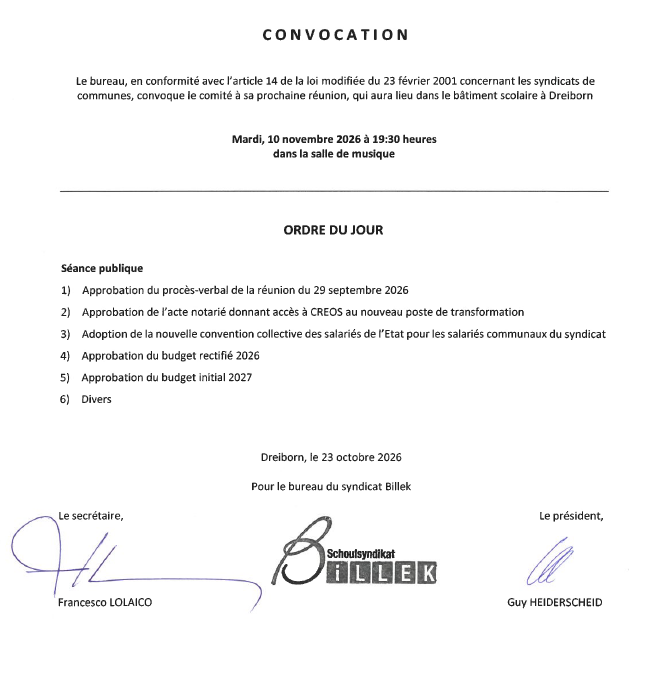 Réunion du comité du BILLEK– 10.11.2026 – Ordre du jour