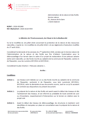 Autorisation – Ministère de l’Environnement, du Climat et de la Biodiversité – Administration de la nature et des forêts Service nature– Réf.: 2026-001840