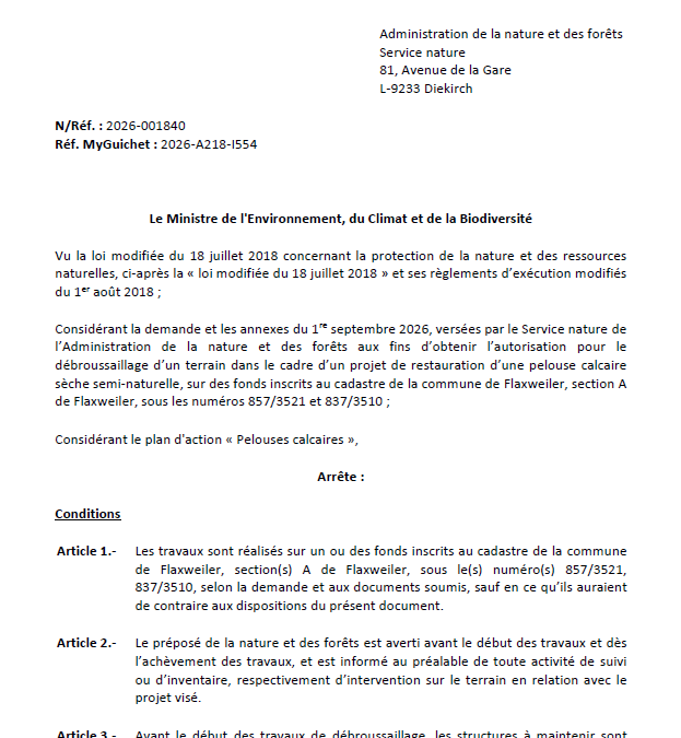Autorisation – Ministère de l’Environnement, du Climat et de la Biodiversité – Administration de la nature et des forêts Service nature– Réf.: 2026-001840