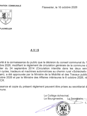 Avis – Modification du règlement de circulation générale - circulation interdite dans les deux sens au chemin rural "Schéckelt" à Gostingen– Réf. 322/26/CR
