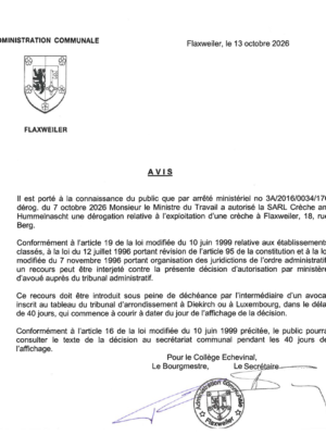 Autorisation – Ministère du Travail – SARL Crèche am Hummelnascht – Réf.: 3A/2016/0034/170 dérog