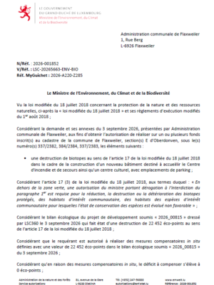 Autorisation – Ministère de l’Environnement, du Climat et de la Biodiversité – Administration Communale de Flaxweiler– Réf.: 2026-001852
