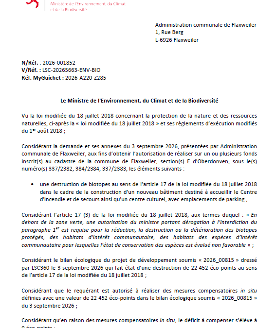 Autorisation – Ministère de l’Environnement, du Climat et de la Biodiversité – Administration Communale de Flaxweiler– Réf.: 2026-001852