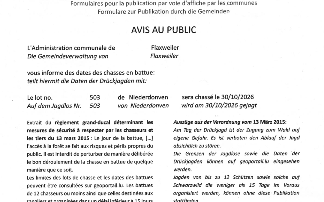 Avis au public – Chasse en battue le 30/10/2026 – Lot no. 503
