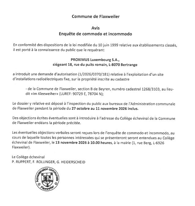 Demande d’autorisation – Proximus Luxembourg S.A. – Réf.: 1/2026/0370/181