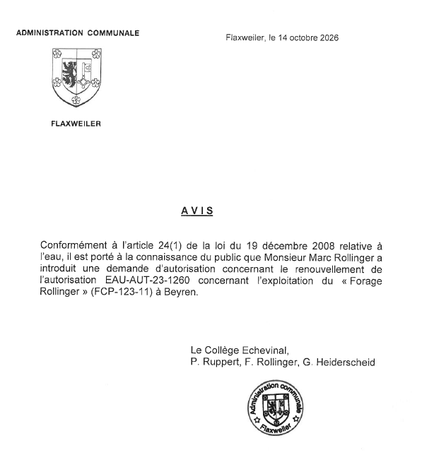 Demande d’autorisation – Monsieur Marc Rollinger – Réf.: EAU-AUT-23-1260-R26.1
