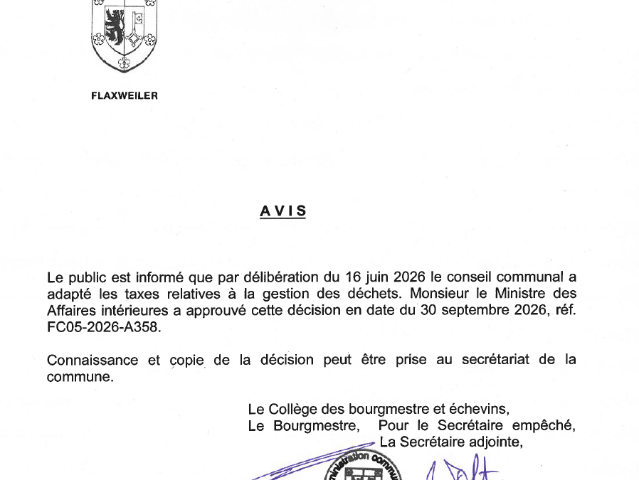 Avis- Taxes relatives à la gestion des déchets – Réf. FC05-2026-A358